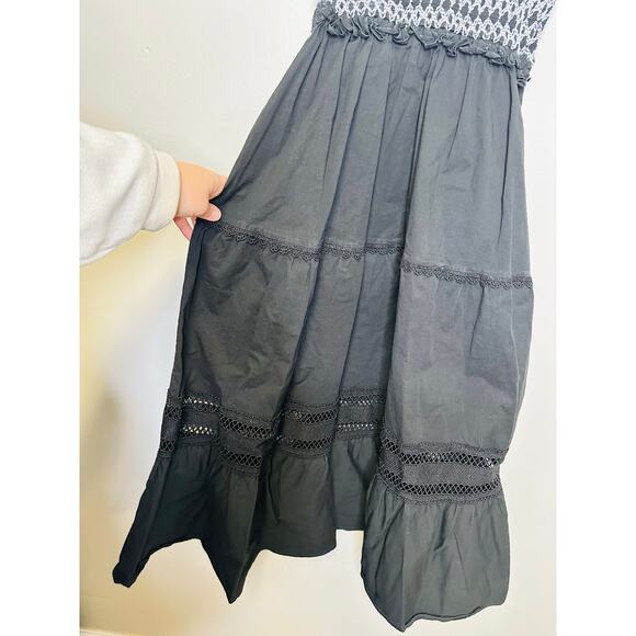 PETER SOM COLLECTIVE Black White Lace Detail A-Line Smocked Midi Dress Size S - Picture 11 of 15